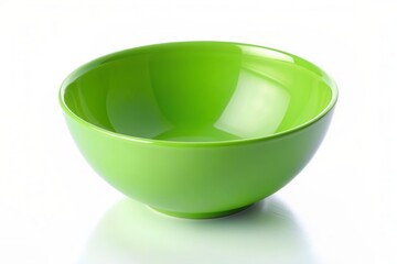 A crisp, empty, and curved green plastic bowl sits solo on a clean white background, evoking feelings of freshness, simplicity, and healthy eating habits.