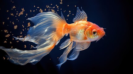 Dramatic low-angle shot of a majestic Oranda goldfish, set against a deep blue ocean backdrop 