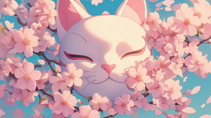 Wall Mural - Close-up of a neko mask with pink sakura cherry blossoms in anime style.