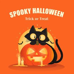 Wall Mural - Spooky Halloween poster with grave, pumpkin and black cat. Vector illustration.