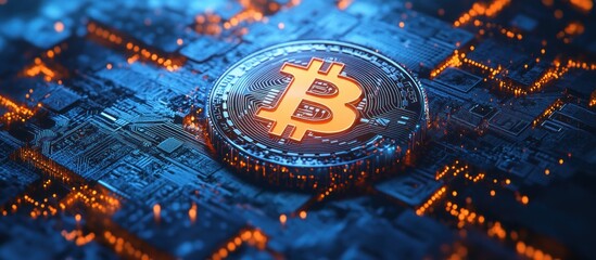 Poster - Bitcoin Coin on a Circuit Board with Glowing Lines