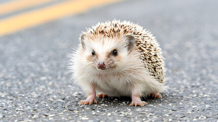 Wall Mural - A hedgehog standing on the edge of an asphalt road 