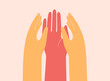 © Mary Long - Three human hands put together to each other. Concept of cooperation, togetherness, partnership, agreement, teamwork, solidarity or awareness movement. Vector illustration.