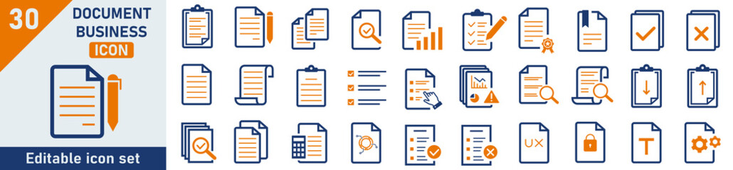 Poster - Document icon set. Set of 30 outline icons related to document, files, message, security. Linear icon collection. Document outline icons collection. Editable stroke. Vector illustration.
