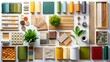 © Curie - Colorful and vibrant flat lay composition showcasing assorted building materials, natural textiles, and personal accessories on a pristine white background, perfect for architects and designers.