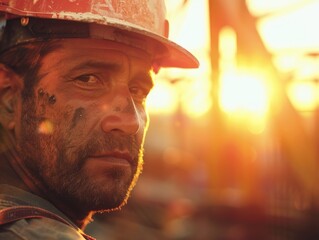 A worker wearing a hard hat with dirt on his face, likely after a construction or excavation job