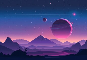 Poster - planet surface with craters, stars, and comets in dark space. cartoon illustration of a planet and s