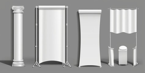 Poster - A realistic promotional stand. Empty tents, white panels, and display. A mockup of a showroom or street market on a street. 3D promotional expo flags set up. Illustration mockup of an empty counter.