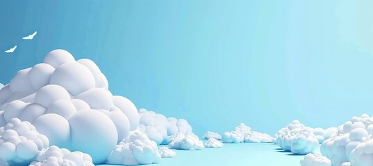 Poster - Fluffy bubbles, spring summer season cloudy weather, cloudy 3D seamless banner. Decorative rendering modern background.