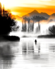 Wall Mural - A man is fishing in a lake with a beautiful sunset in the background. The water is calm and the sky is orange and pink