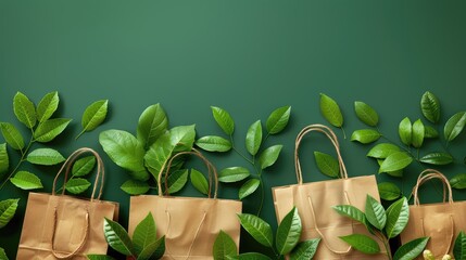 Sticker - A green background with four brown paper bags and leaves