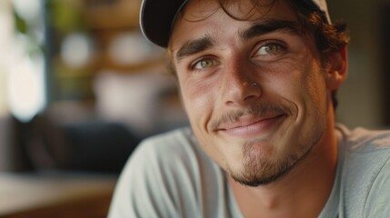 A close-up view of a person wearing a hat