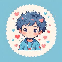 Sticker - A cartoon boy with a blue hoodie and a heart on his chest