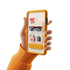 Wall Mural - 3D rendering of a hand holding a smartphone with a shopping app open.