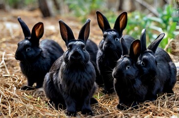 Wall Mural - Beautiful portrait of a large group of black rabbits in a forest