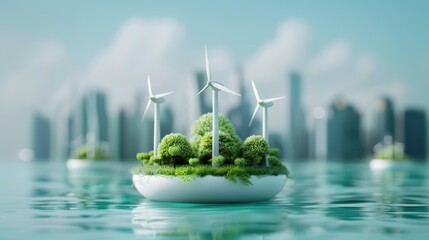 Wall Mural - A floating city powered by levitating wind turbines, blending renewable energy with futuristic architecture