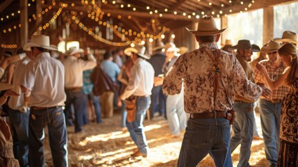 Poster - Guests enjoy lively dancing in a charming barn decorated with string lights, creating a festive atmosphere.