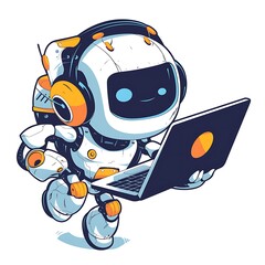 Poster - White robot with headphones holding a laptop