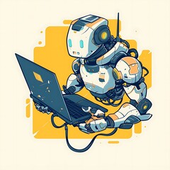 Poster - A futuristic robot using a laptop computer