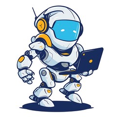Poster - White Robot Holding a Laptop With Yellow Accents