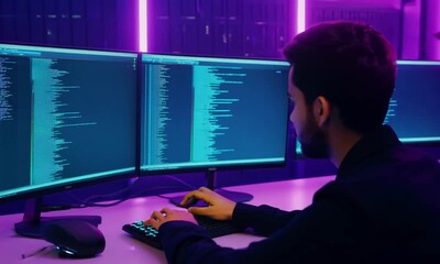  Smart IT developer working on laptop to type searching in software coding system at neon light office room, creating application program update latest version online website database online