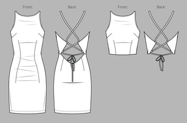 Vector woman sleeveless party dress with halter neck fashion CAD, tank top with cross straps technical drawing, template, flat, sketch. Jersey or woven fabric dress with front, back view, white color