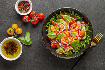 Wall Mural - Easy salad of grilled salmon, fresh cucumber, tomato, sweet pepper, spinach leaves and onion . Healthy food. Top view