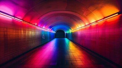 Poster - A dark tunnel illuminated by a spectrum of rainbow colors creating a vibrant, surreal atmosphere