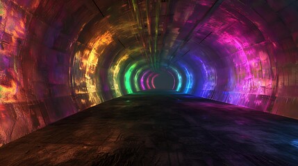 Poster - A dark tunnel illuminated by a spectrum of rainbow colors creating a vibrant, surreal atmosphere