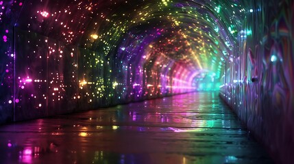 Poster - A dark tunnel illuminated by a spectrum of rainbow colors creating a vibrant, surreal atmosphere