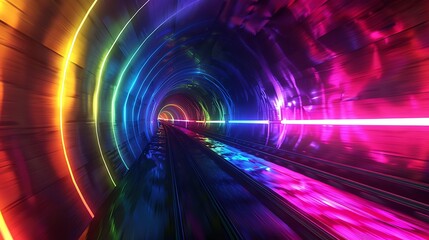 Poster - A dark tunnel illuminated by a spectrum of rainbow colors creating a vibrant, surreal atmosphere