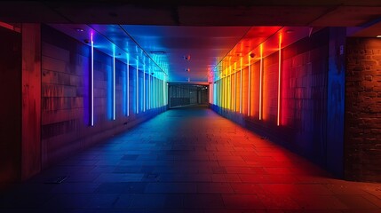 Poster - A shadowy passageway transformed by the presence of brilliant, colorful lights forming a rainbow gradient