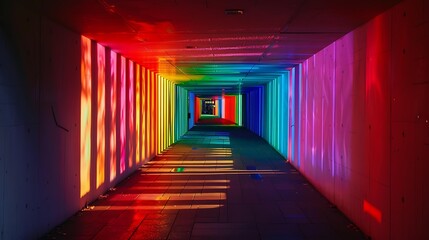 Poster - A shadowy passageway transformed by the presence of brilliant, colorful lights forming a rainbow gradient