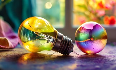 broken light bulb with multicolored glass shade lies on purple surface, with blurred background flowers and