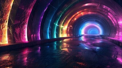 Poster - An abstract tunnel with a dark interior, featuring radiant beams of rainbow light leading into the distance