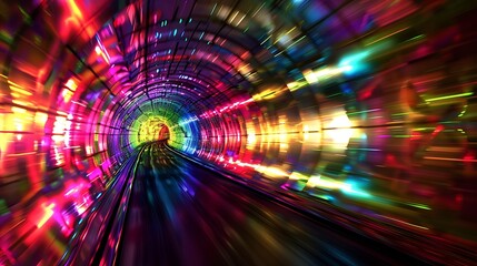Poster - An abstract tunnel with a dark interior, featuring radiant beams of rainbow light leading into the distance