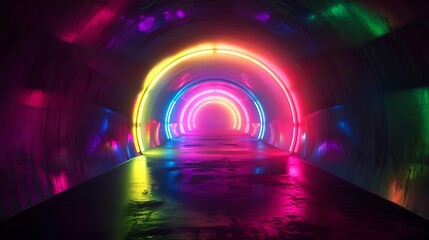Poster - An abstract tunnel with a dark interior, featuring radiant beams of rainbow light leading into the distance