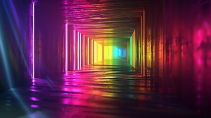 Poster - An abstract tunnel with a dark interior, featuring radiant beams of rainbow light leading into the distance