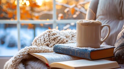 Coffee and book on armchair, blanket, winter window backdrop, cozy home, big mug focus.