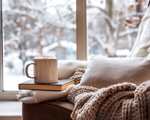 Wall Mural - Coffee and book on armchair, blanket, winter window background, cozy home, big mug focus.