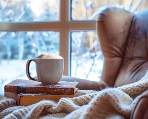 Wall Mural - Coffee and book on cozy armchair, blanket, winter window background, home comfort, big mug focus.