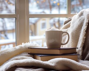 Wall Mural - Coffee and book on cozy armchair, blanket, winter window background, home comfort, big mug focus.