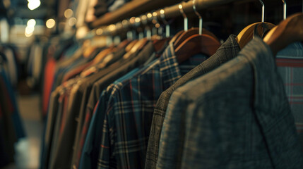 men's shirts hanging neatly on hangers in a clothing store