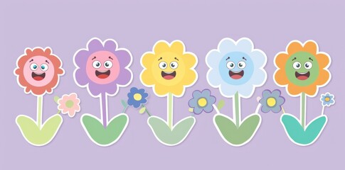 Wall Mural - Sticker vector picture of cartoon flowers with eyes and smiling faces on a pastel background. Generative ai