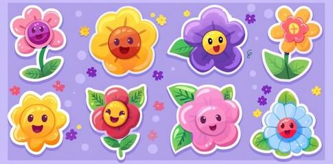 Wall Mural - Sticker vector picture of cartoon flowers with eyes and smiling faces on a pastel background. Generative ai