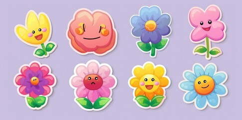 Wall Mural - Sticker vector picture of cartoon flowers with eyes and smiling faces on a pastel background. Generative ai