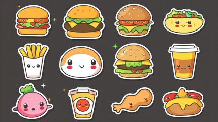 Wall Mural - Sticker vector picture of fast food with various items like burgers, fries, and drinks in kawaii style. Generative ai