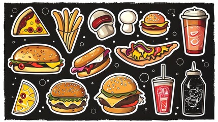 Wall Mural - Sticker vector picture of fast food with various items like burgers, fries, and drinks in kawaii style. Generative ai