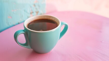 Wall Mural - Coffee in a cyan cup on a pink table, pastel backdrop, wide-angle lens, natural lighting for web concept.