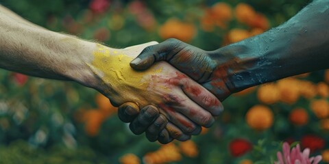 A moment of agreement between two people amidst a beautiful floral setting